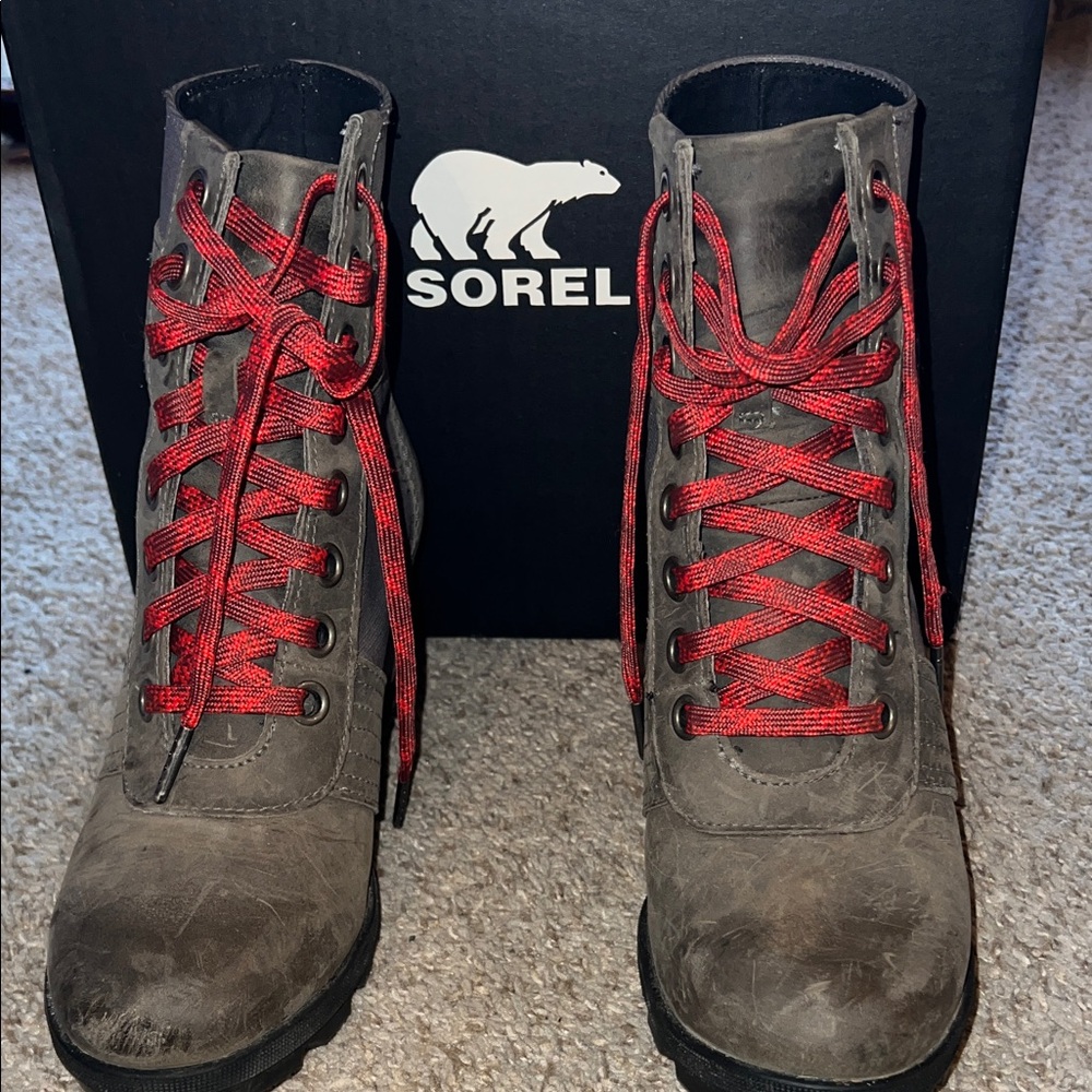 Sorel Dark Brown Boots with Vibrant Red Laces